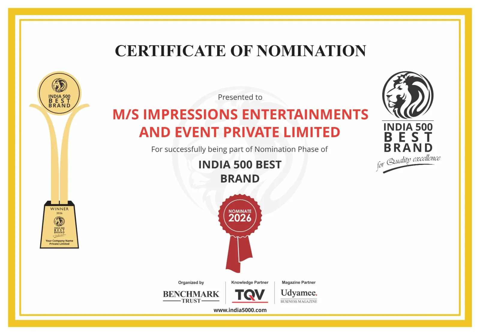 India 500 Best Brand 2026 – Certificate of Nomination